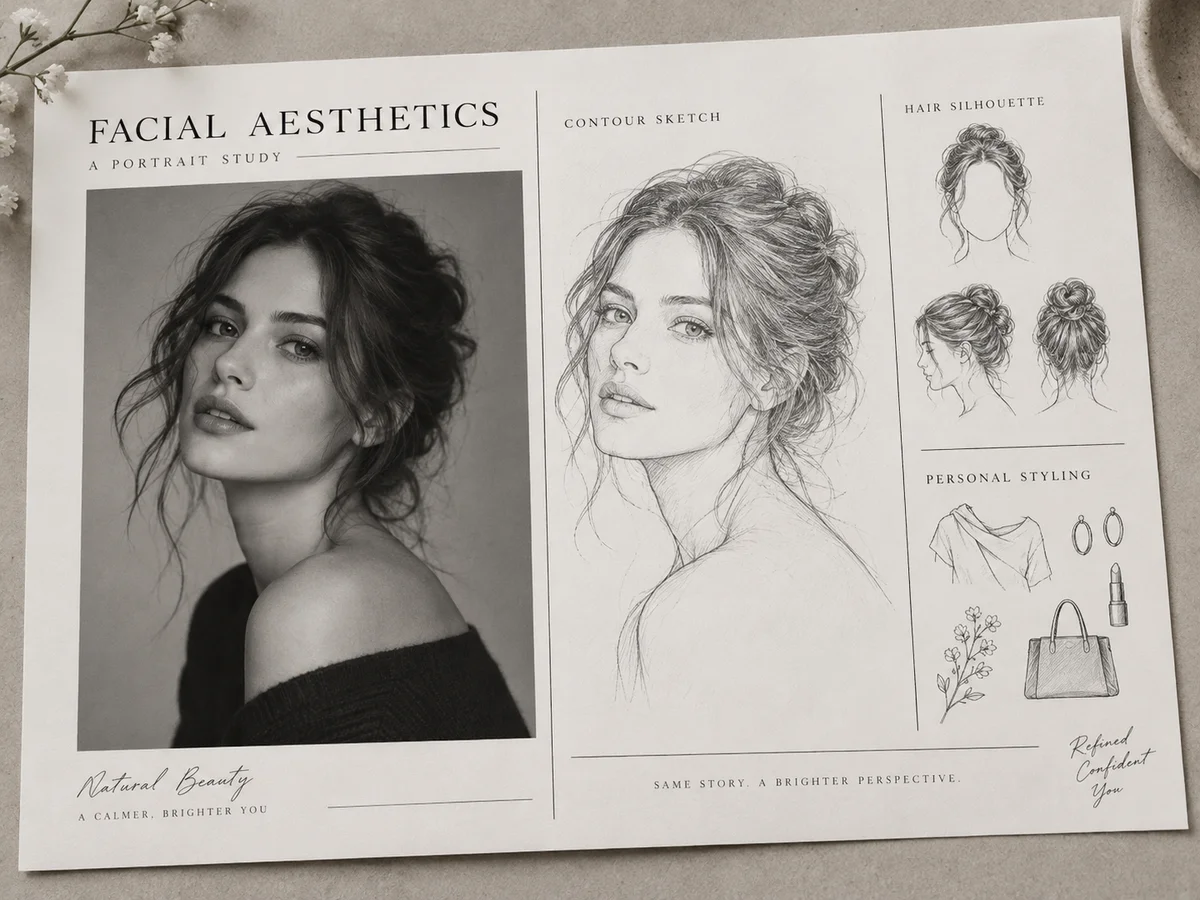 A portrait, outline and styling notes in one image